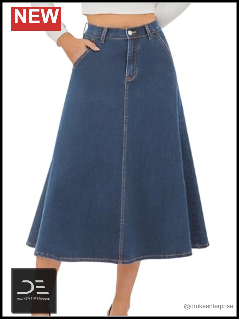 Stretchy High Waisted A Line Long Maxi Jean Skirt With Pockets